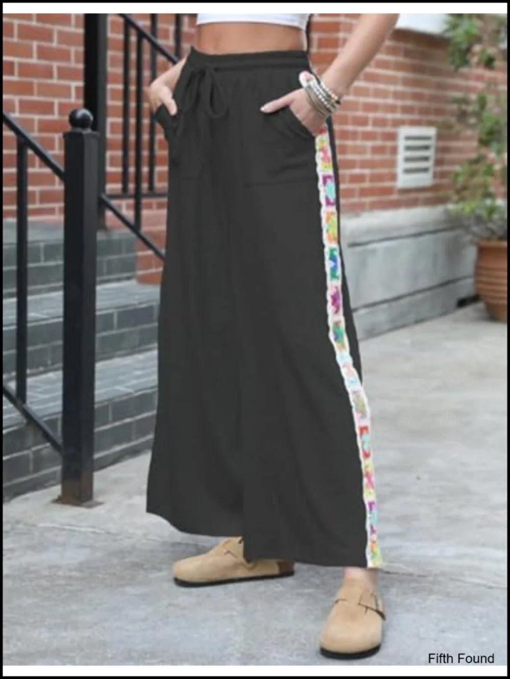 Casual Wide Leg Sweatpants with Crochet Panels and Pockets